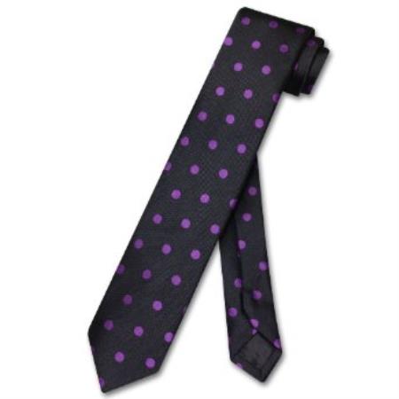 Narrow Necktie Skinny Black w/ Purple Polka Dots Men's 2.5 T