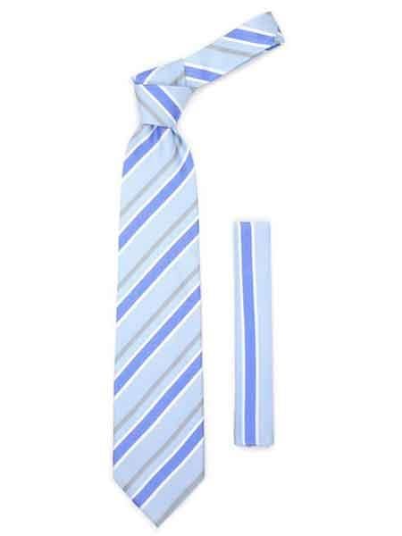 Men's Microfiber Grey Striped Fashionable Sky Blue NeckTie With Hankie Set - Men's Neck Ties - Mens Dress Tie - Trendy Mens Ties