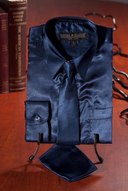 Daniel Ellissa Boys Satin Long Sleeve Button Up Dress Shirt Navy Blue
