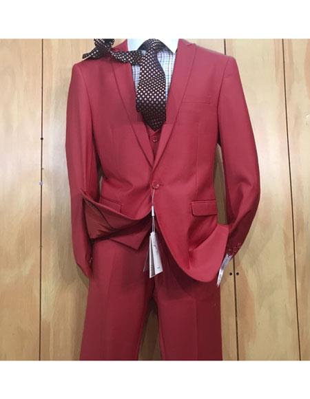 Men's 1 button style Peak Lapel Vested Slim fitted Burgundy ~ Wine ~ Maroon Suit