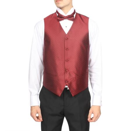 Men's Burgundy ~ Maroon ~ Wine Color Red Diamond Pattern 4-Piece Men's Vest Set Also available in Big and Tall Sizes