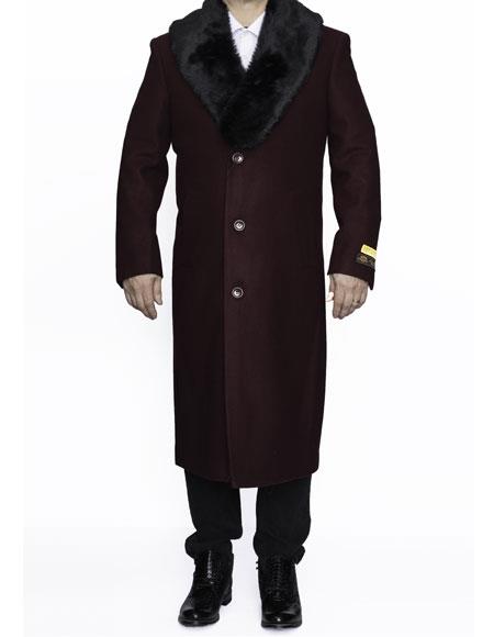 Men's Burgundy Fur Collar Full Length Overcoat