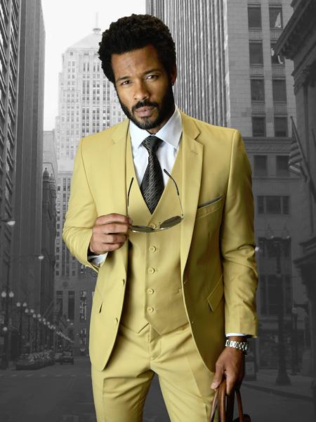 Camel ~ Gold ~ Khaki Color Slim Fitted Skinny Vested 3 Piece Suit 2 Buttons Style Wool Fabric
