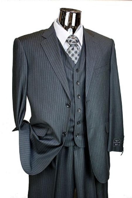 Men's Charcoal Pinstripe 3pc 2 Button Italian Designer Suit Charcoal Stripe Pin Stripe