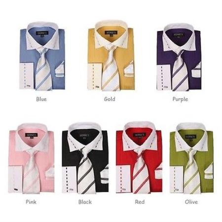 Cotton Blend Striped Spread Collar French Cuff Classic Fit White Collar ...