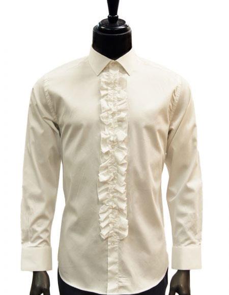 Men's classic Cream/Ivory Ruffled Dress 100% Cotton casual Trendy tuxedo shirt