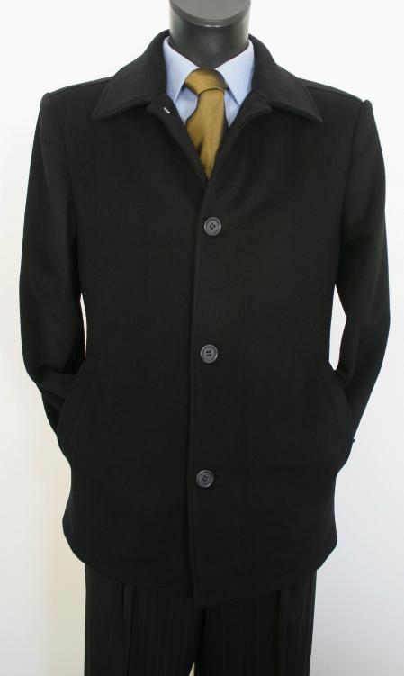 Men's Dress Coat Valenti Designer Wool & Cashmere Men's Car Coat Style Black 