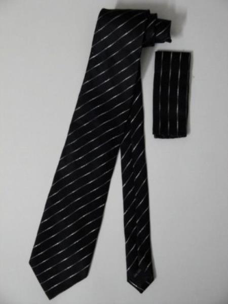 Silk Neck Tie Hanky Black Silver Stripes