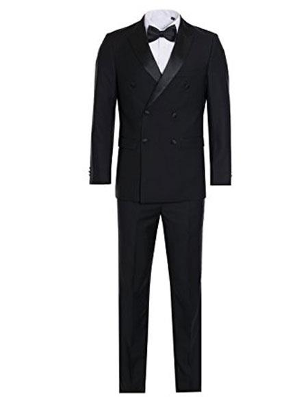 Men's Black Slim Fit Double breasted Suits Tuxedo Flat Front Pants