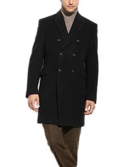Men's Dress Coat Black Double Breasted 3/4 Length Wool Cashm
