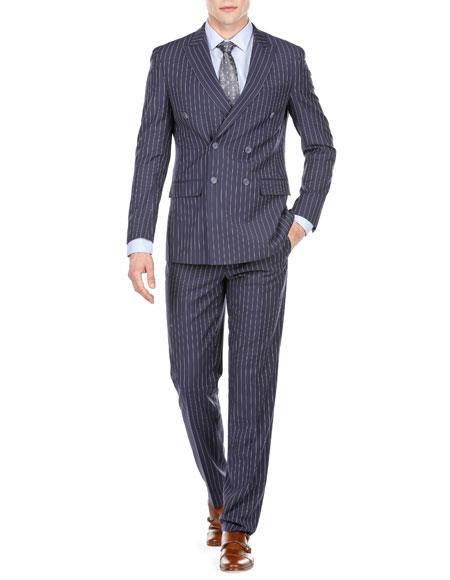 Men's Dark Navy Blue Double Breasted Suits Slim Fit Bold Str