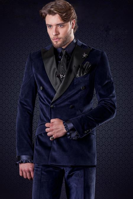 SKU#SM4087 Men's Slim Fit Velvet Double Breasted Peak Lap