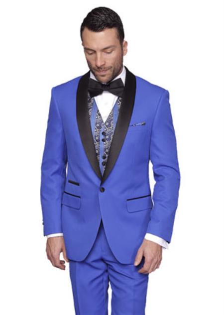 Mens Blacked Lapel Two Toned Suit Tux Jacket + Pants & Vest Double Vent ...