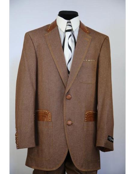 Men's fashion faux leather accents denim 2pc zoot suit rust