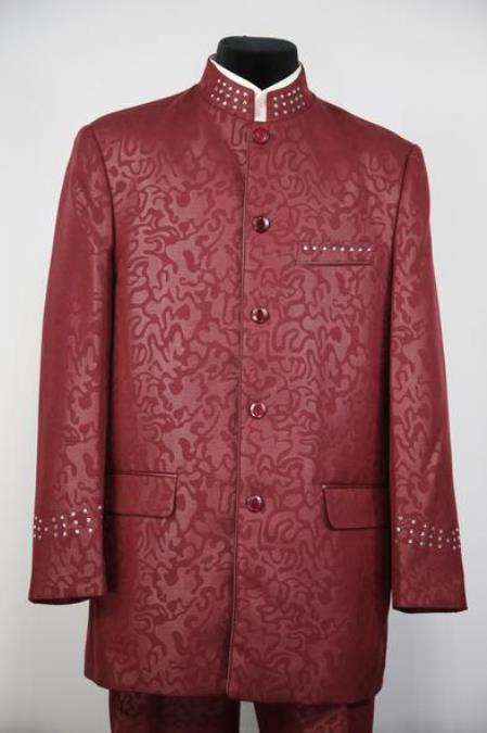 Men's Mandarin Collar Burgundy Suit Rhinestone Burgundy ~ Maroon Suit  ~ Wine Paisley Banded Collar Mandarin Chines Collar Suit