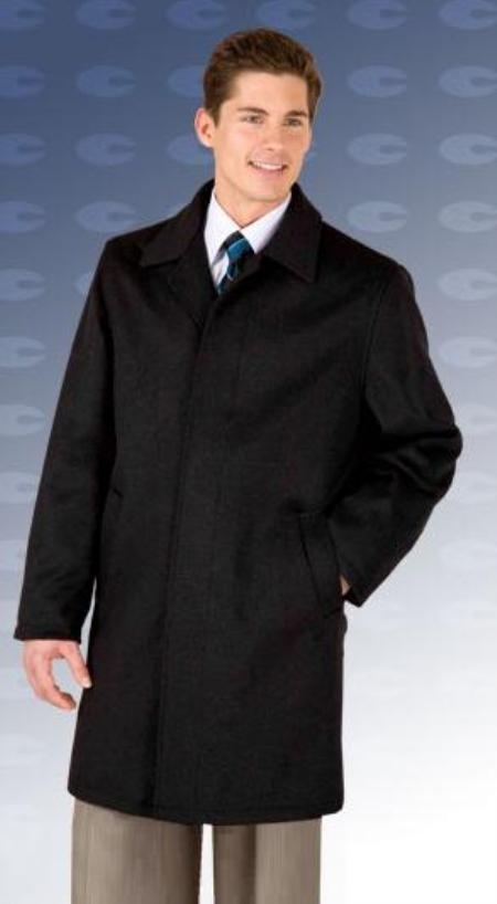 Men's 4 Button 3/4 Length Car Coat in Wool & Cashmere Black