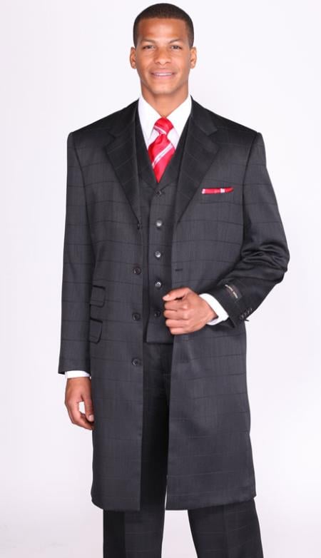 Mens 3 Piece 34 Inch Length Suit with 4 Button Black With Check ...