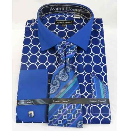 French Cuff With Collar Interlocking Ring Blue Cotton Men's Dress Shirt