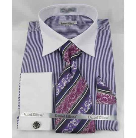 Men's French Cuff Purple Bold Pinstripe With Collar Dress Shirt