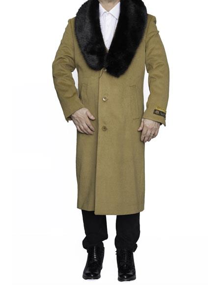Men's Camel Fur Collar Full Length Wool Top Coat