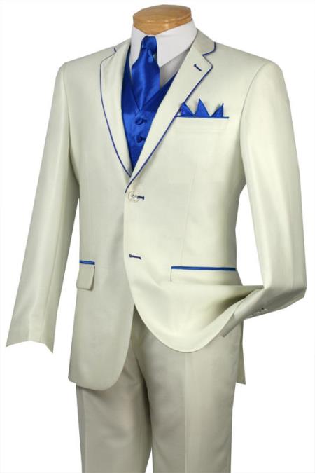 Tuxedo Suit Royal Blue Trim Lapel Two Button Notch Two Toned No Vest ...