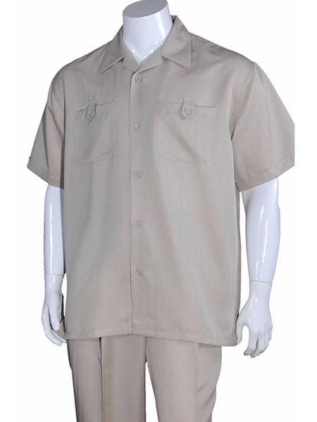 Men's 5 Button Casual Short Sleeve Solid Khaki 100% Polyeste