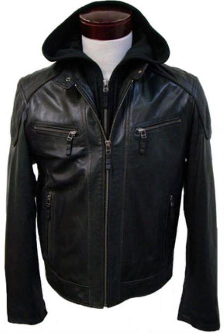 leather moto jacket with removable hood