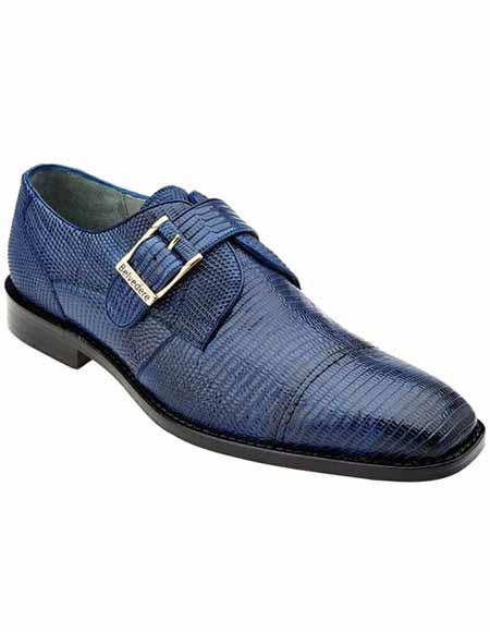 Belvedere Men's Genuine Lizard Skin Navy Monk Strap Style Leather Shoes