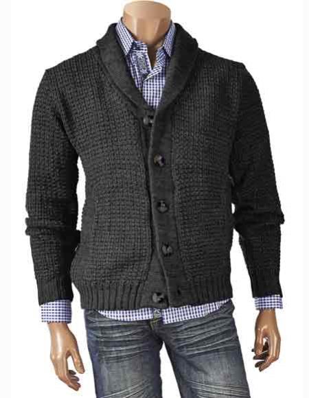 SKU#SM2739 Men's Black Long Sleeve 5 Button Closure Shawl