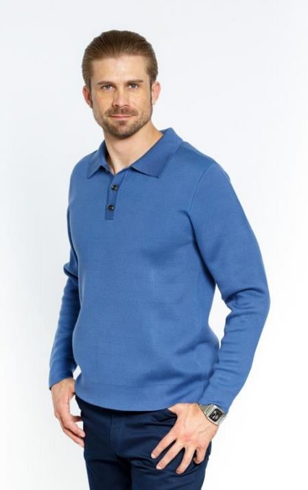 SKU SM4443 Men s Long Sleeve Blue 3 Button Polo Sweater 