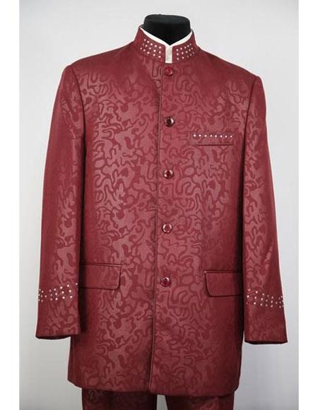 Men's Mandarin Collar Burgundy ~ Wine ~ 5 Button 2piece Floral Print Burgundy Suit