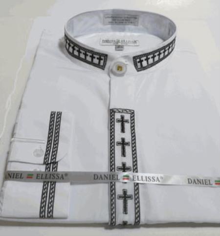 mens white collarless dress shirt