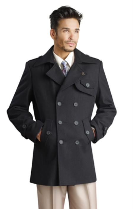 Mens Stylish Wide Collared Double Breasted Overcoat Black