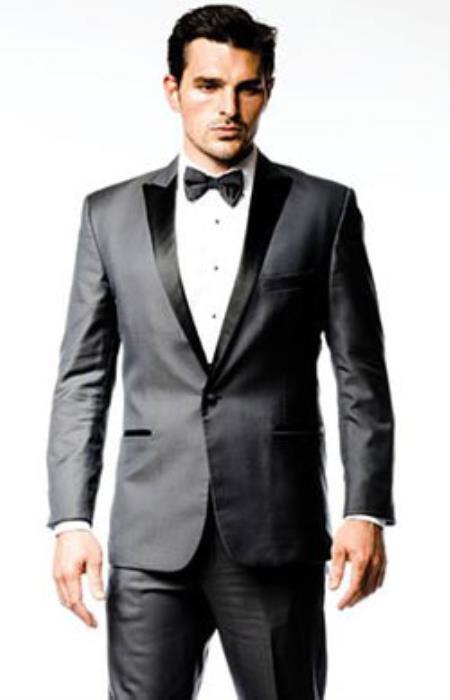 Mens Single 1 Button Charcoal Grey ~ Gray Peak Lapel Suit or Tuxedo ...
