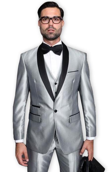 Men's Shiny Sharkskin Tuxedo Silver Gray ~ Light Grey Black Lapel Two Toned Vested Tuxedo - Mens Grey And Black Tuxedo Wedding - Charcoal Grey Tuxedo