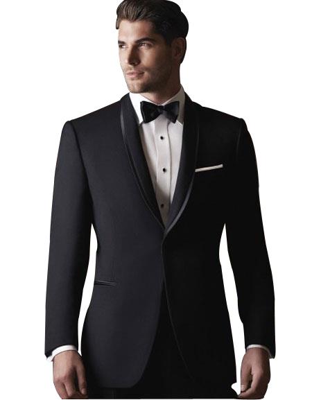 Men's 2 Button Black Satin Shawl Lapel Slim Fit Suit