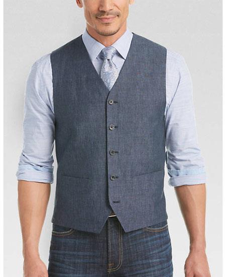 Men's Indigo Blue Single Breasted Five Button Vest Modern Fi