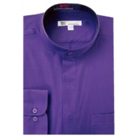 SKU#G-78K Men's Band Collar Dress Shirts Purple