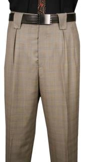 Men's Classic Fit Pleated Front Wool Wide Leg Dress Pants Beige Plaid ...