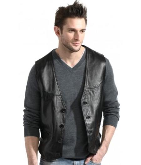 Men's Black Lambskin Leather Classic Dress Vest