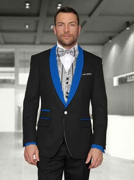 Black/Royal Blue Men's Shawl Lapel 1 Button Two toned Lapel Modern Fit Evening Tuxedos