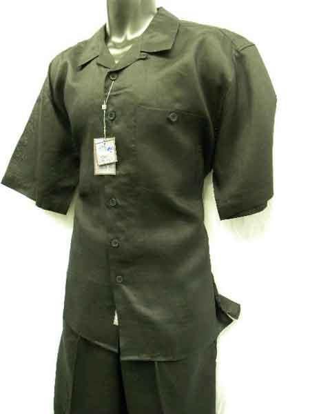 Men's 2 Piece Big Size Linen Short Sleeve Casual Outfit Black