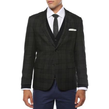 Men's Skinny Cut Tweed Windowpane Pattern Black and Grey Blazer 