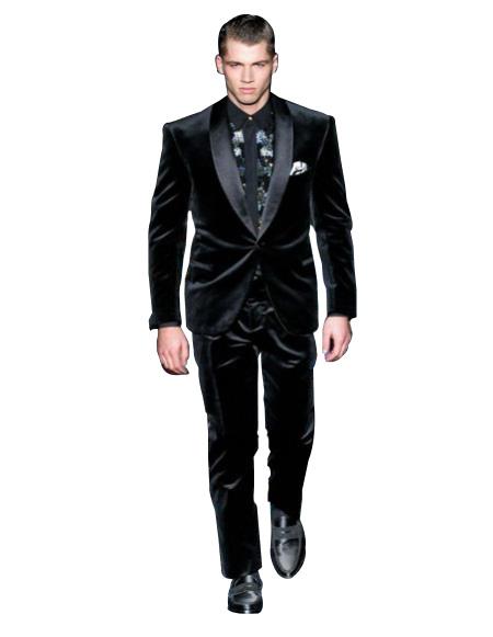 Men's High Fashion Black Shawl Lapel Velvet Suit + Velvet Pants