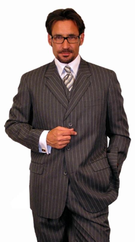 Men's 1920's 30's Fashion Look Available in 2 or 3 buttons Charcoal Gray Chalk Bold Pinstripe Vested 3 Piece three piece suit - Jacket + Pants + Vest 
