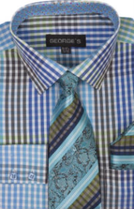 Aqua Turquoise Checkered Shirt Tie and Handkerchief