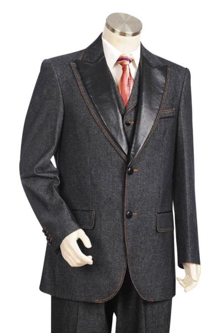 Men's Faux Leather Lapel Denim Black Peak Lapel Zoot Suit