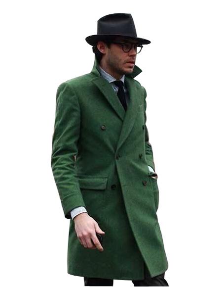 Men's Dress Coat Double Breasted Long Overcoat Olive Green