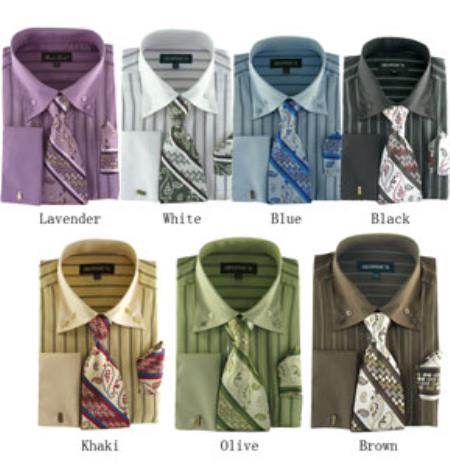Men's Classic Strip Dress Shirt Set, W/ Tie And Handkerchief