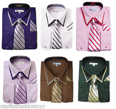 Classic Men's French Cuff Dress Shirt Set w/ Tie And Handkerchief ...